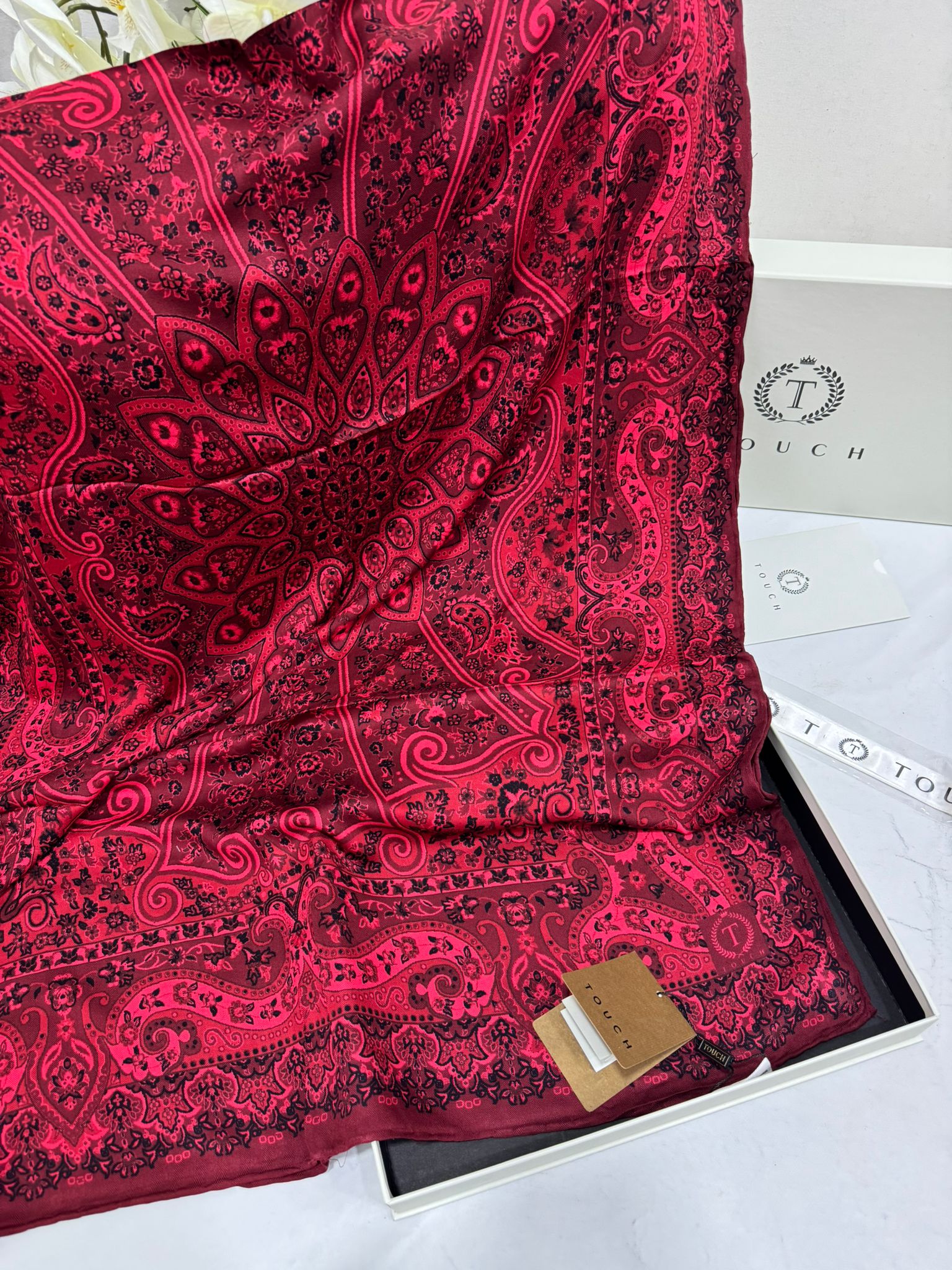 Touch İthal Etnik Desen Yün İpek Şal 34330 - Bordo - Görsel 2