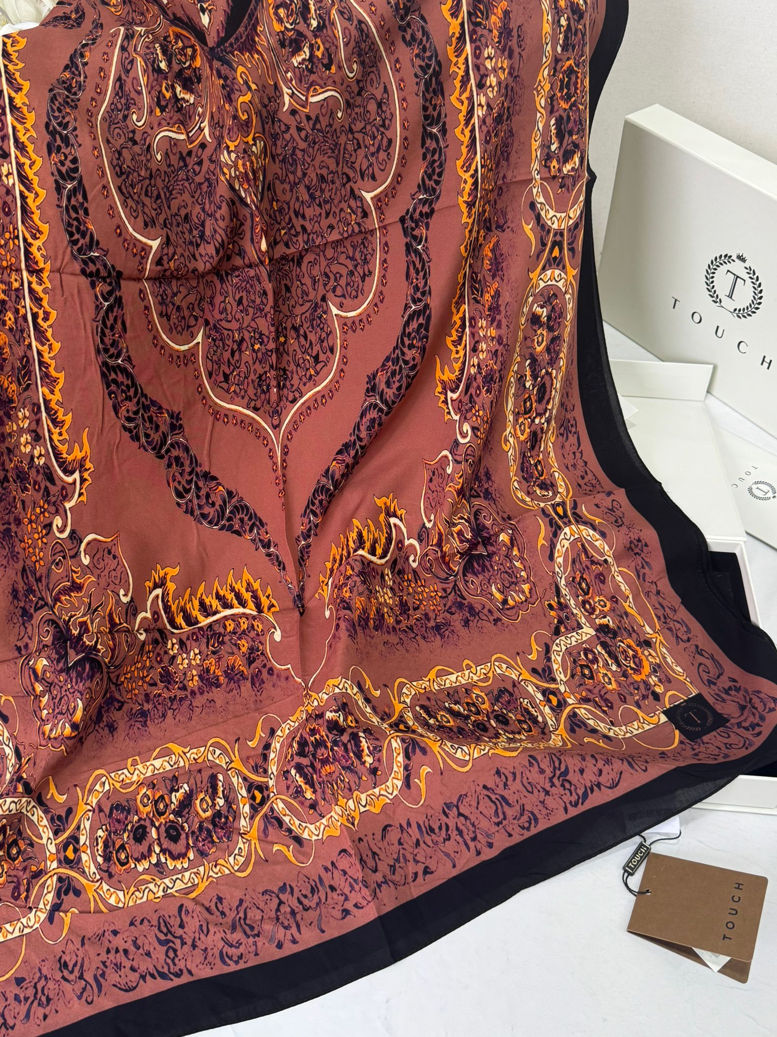 Touch İthal Etnik Desen Pamuk İpek Şal- 99990 Açık kahve - Görsel 2