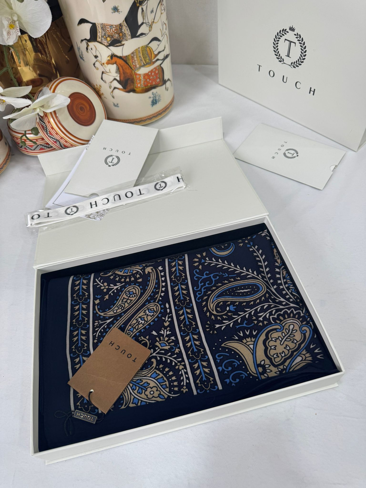 Touch İthal Etnik Desen Pamuk İpek Şal- 99770 -  Lacivert