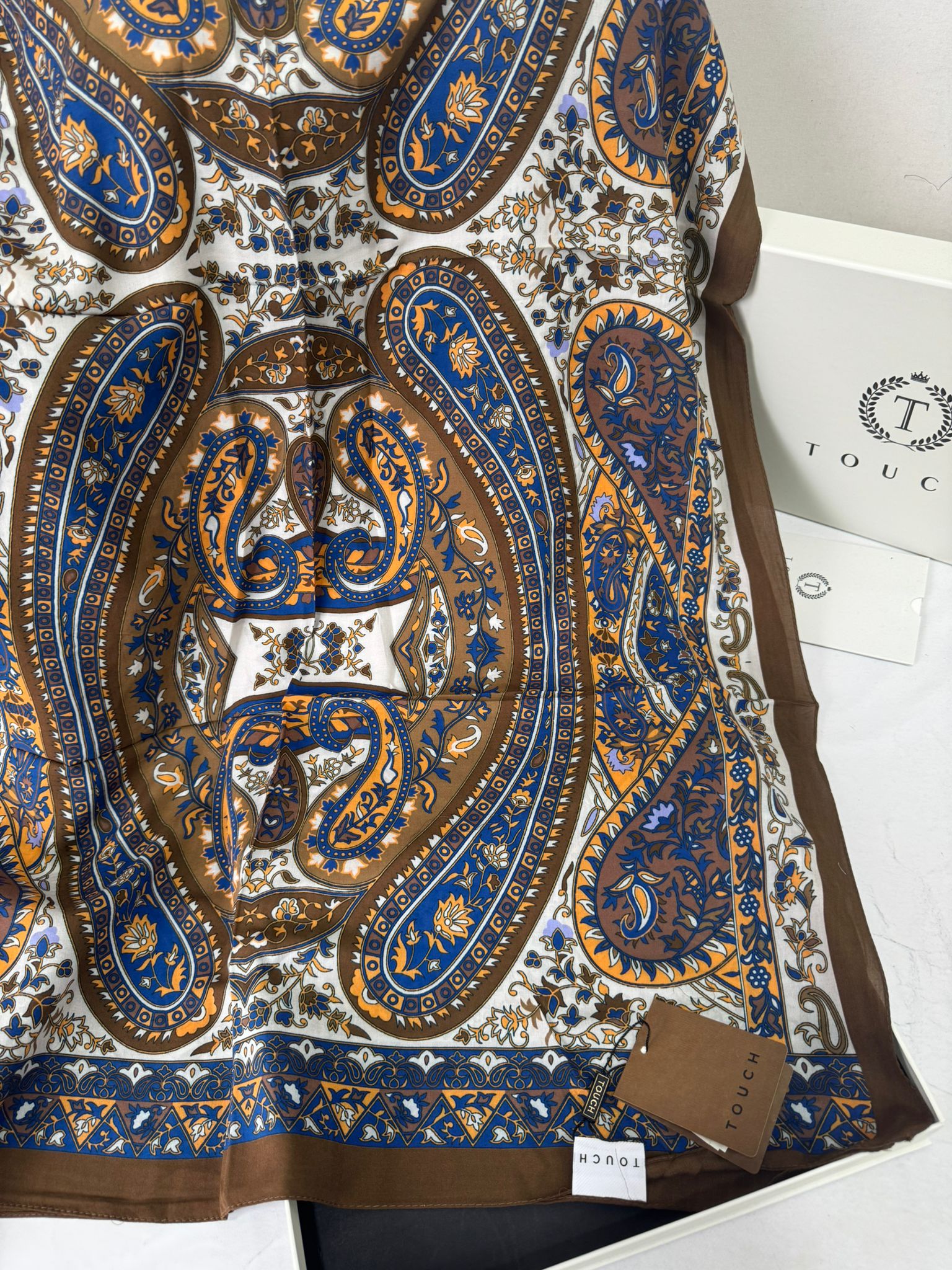 Touch İthal Etnik Desen Pamuk İpek Şal- 35440 - Kahve Lacivert - Görsel 2