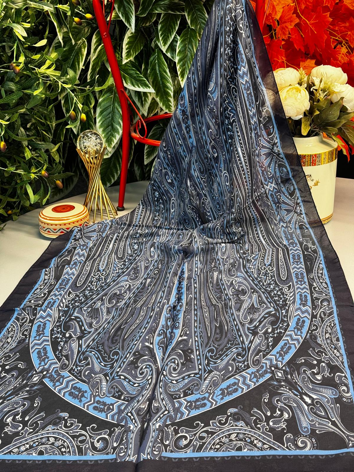 Etro Pamuk İpek Şal 52340 - Bebe Mavisi-Lacivert