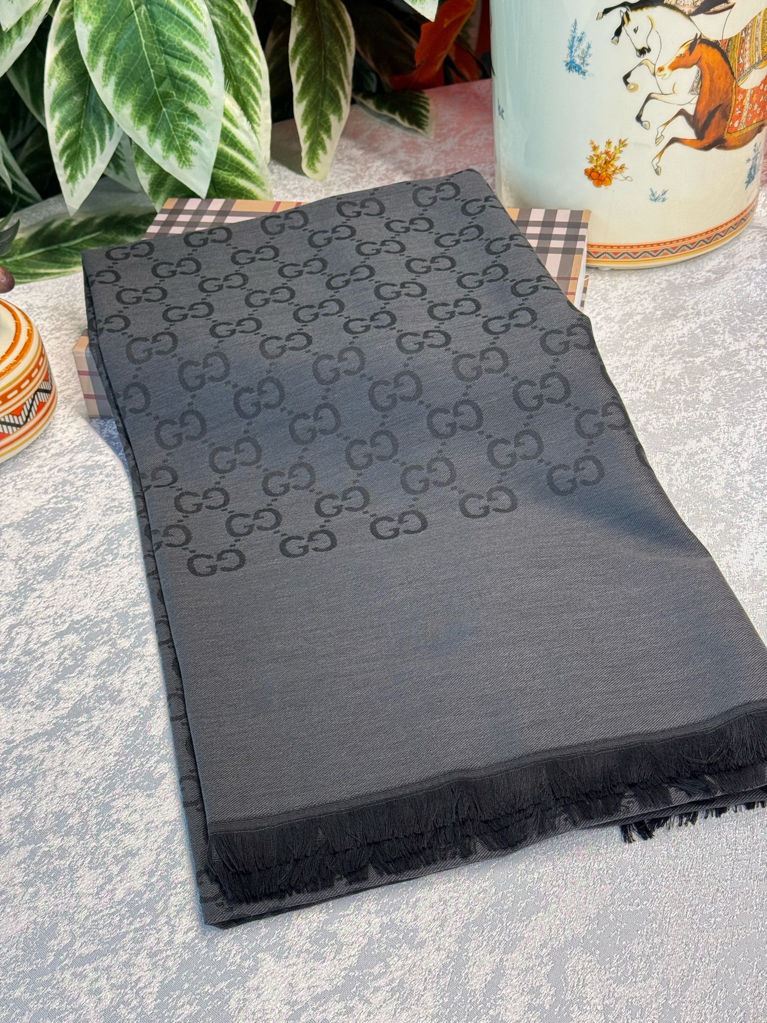 İthal G Pamuk Yün İpek Şal - Siyah Antrasit