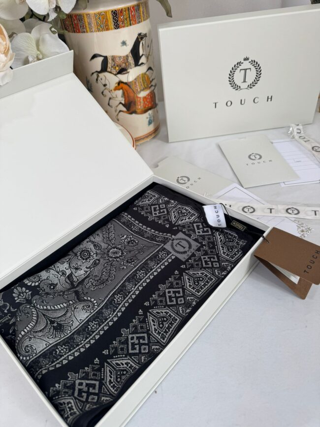 Touch İthal Etnik Desen Yün İpek Şal-34770 -Siyah-Gri