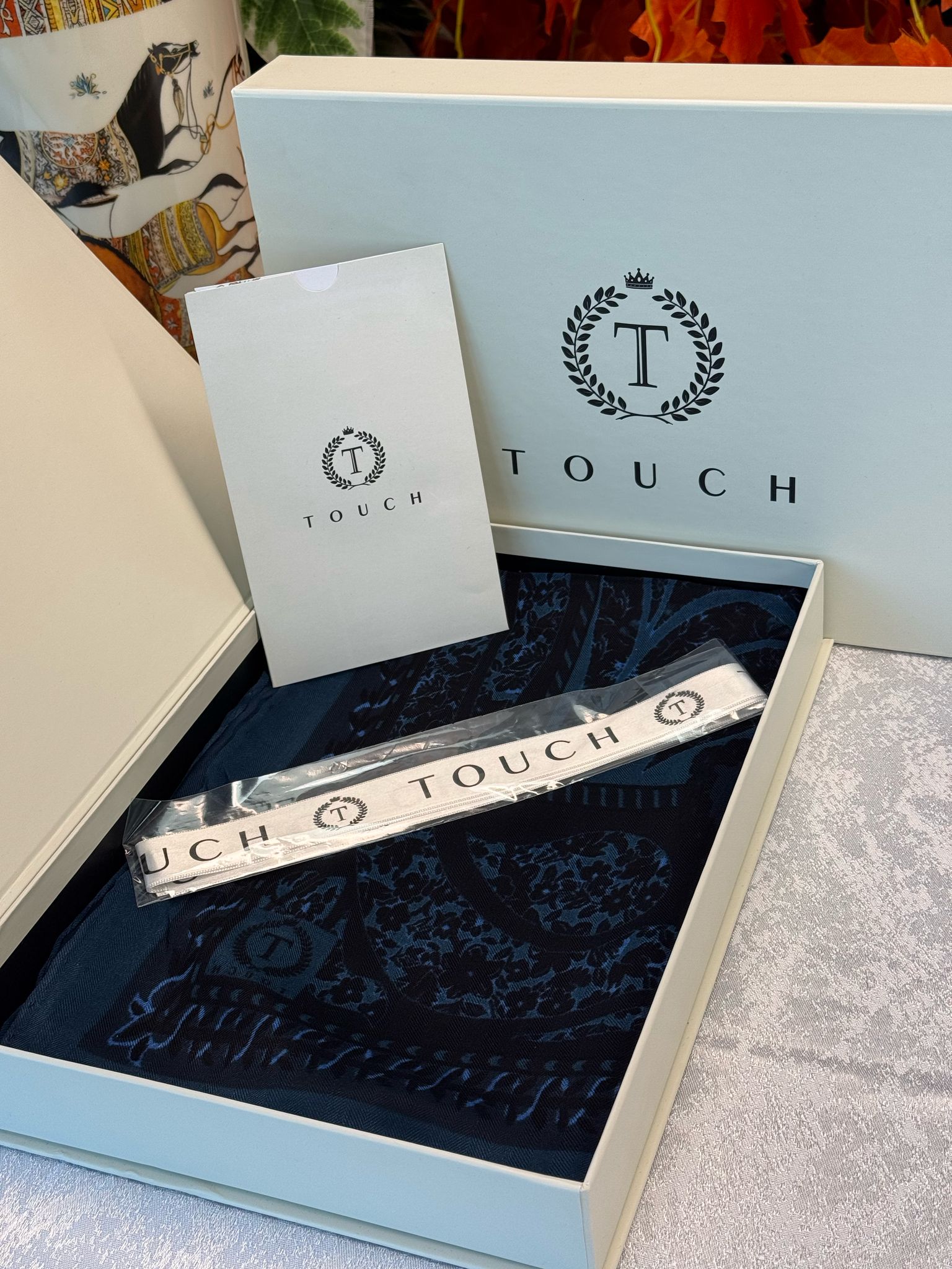 Touch İthal Etnik Desen Yün İpek Şal- 34660 - Lacivert