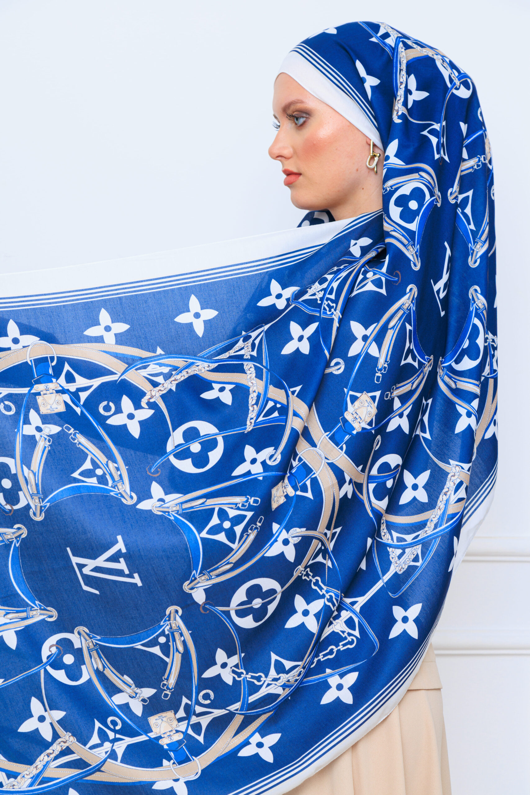 Lv Kemer Desen Pamuk Soft Şal 31230 - Lacivert