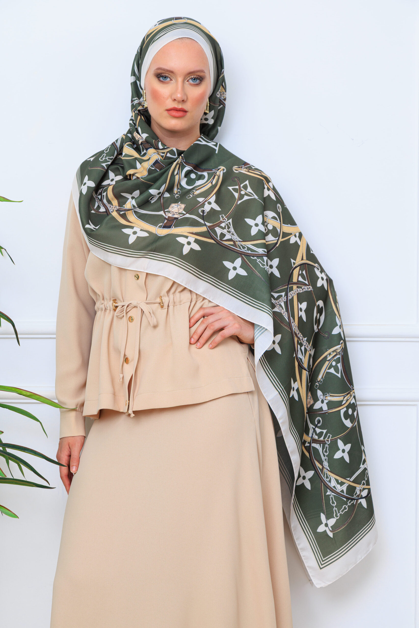 Lv Kemer Desen Pamuk Soft Şal 31230 - Haki - Görsel 4