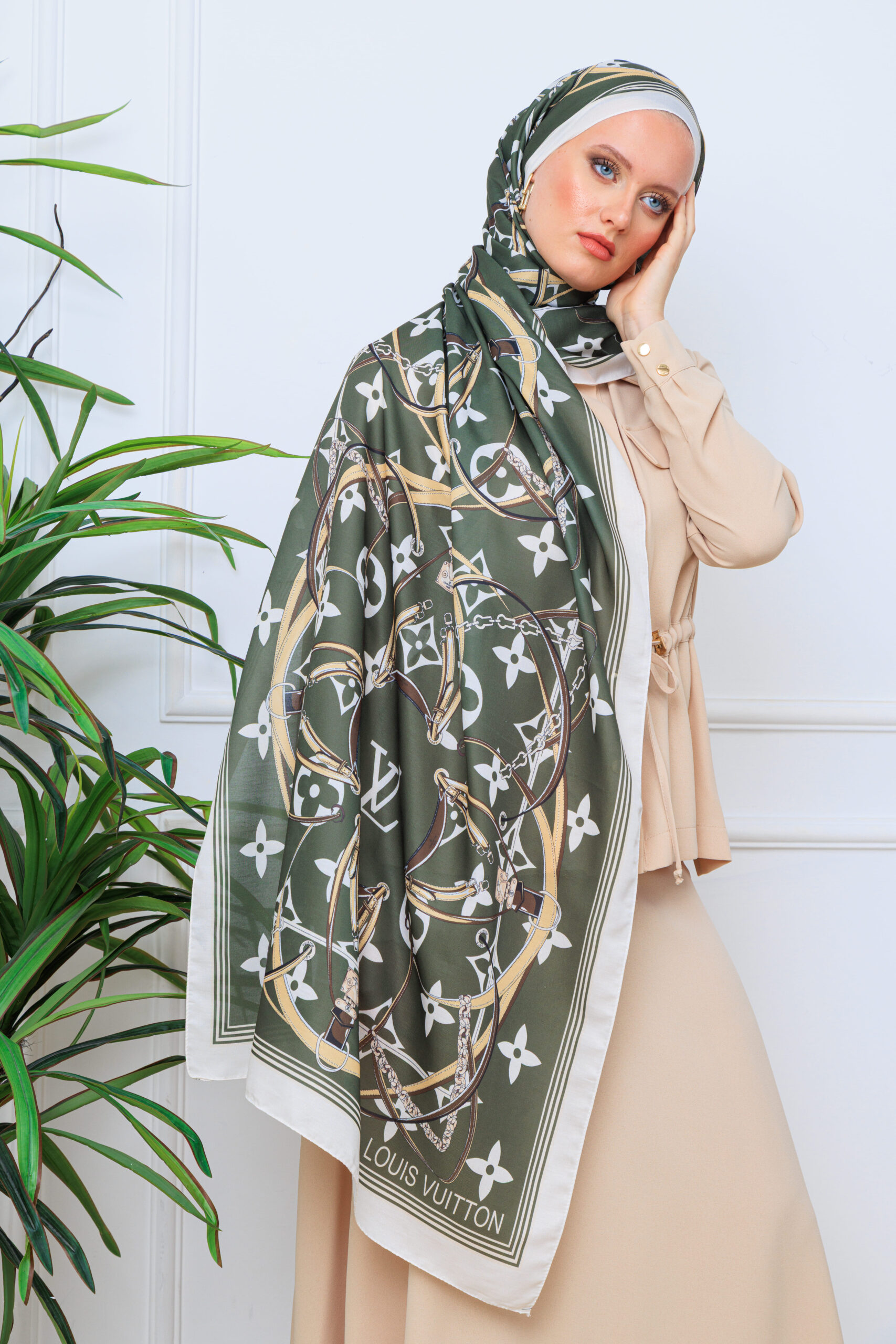 Lv Kemer Desen Pamuk Soft Şal 31230 - Haki - Görsel 5