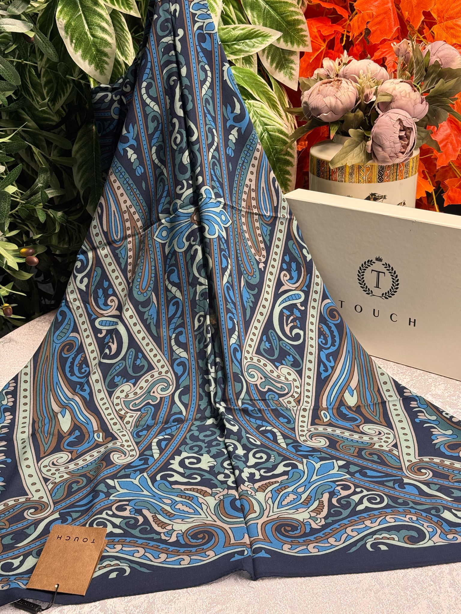 Touch İthal Etnik Desen Pamuk İpek Şal 63458 - Bebe Mavisi