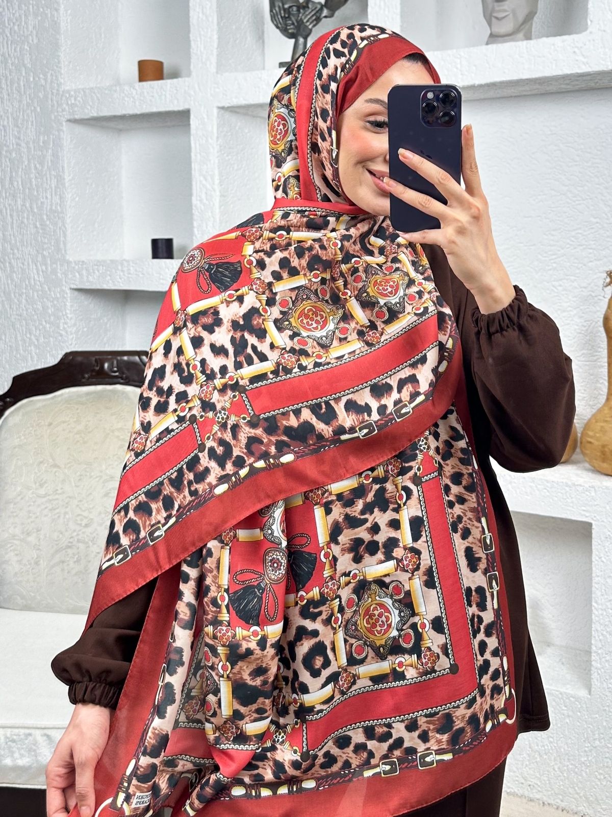 Hermes Leopar Pamuk Soft Şal 65329 - Bordo