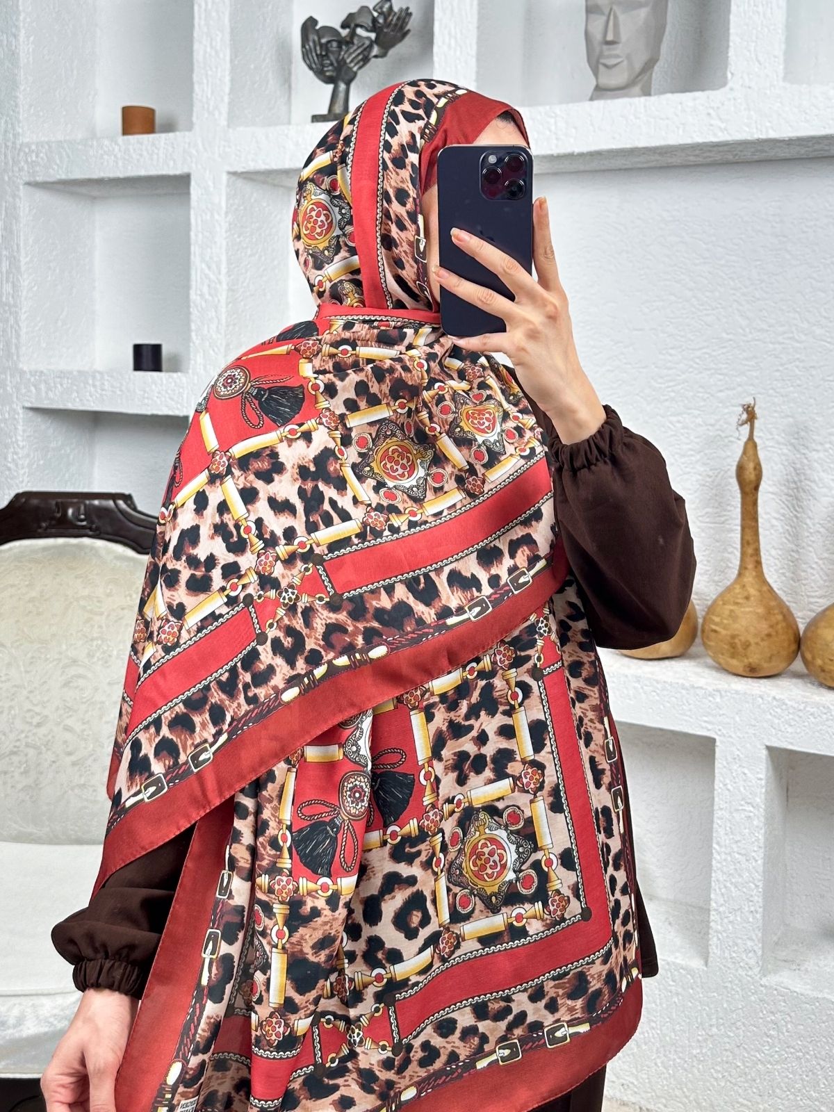 Hermes Leopar Pamuk Soft Şal 65329 - Bordo - Görsel 2