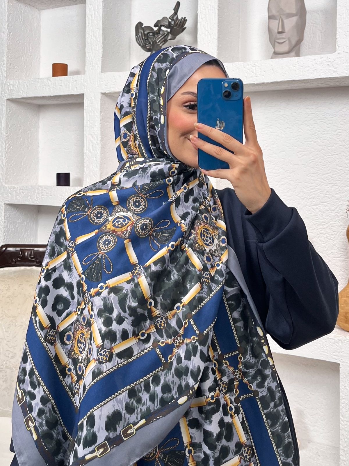 Hermes Leopar Pamuk Soft Şal 65329 - Gece Mavisi - Görsel 2