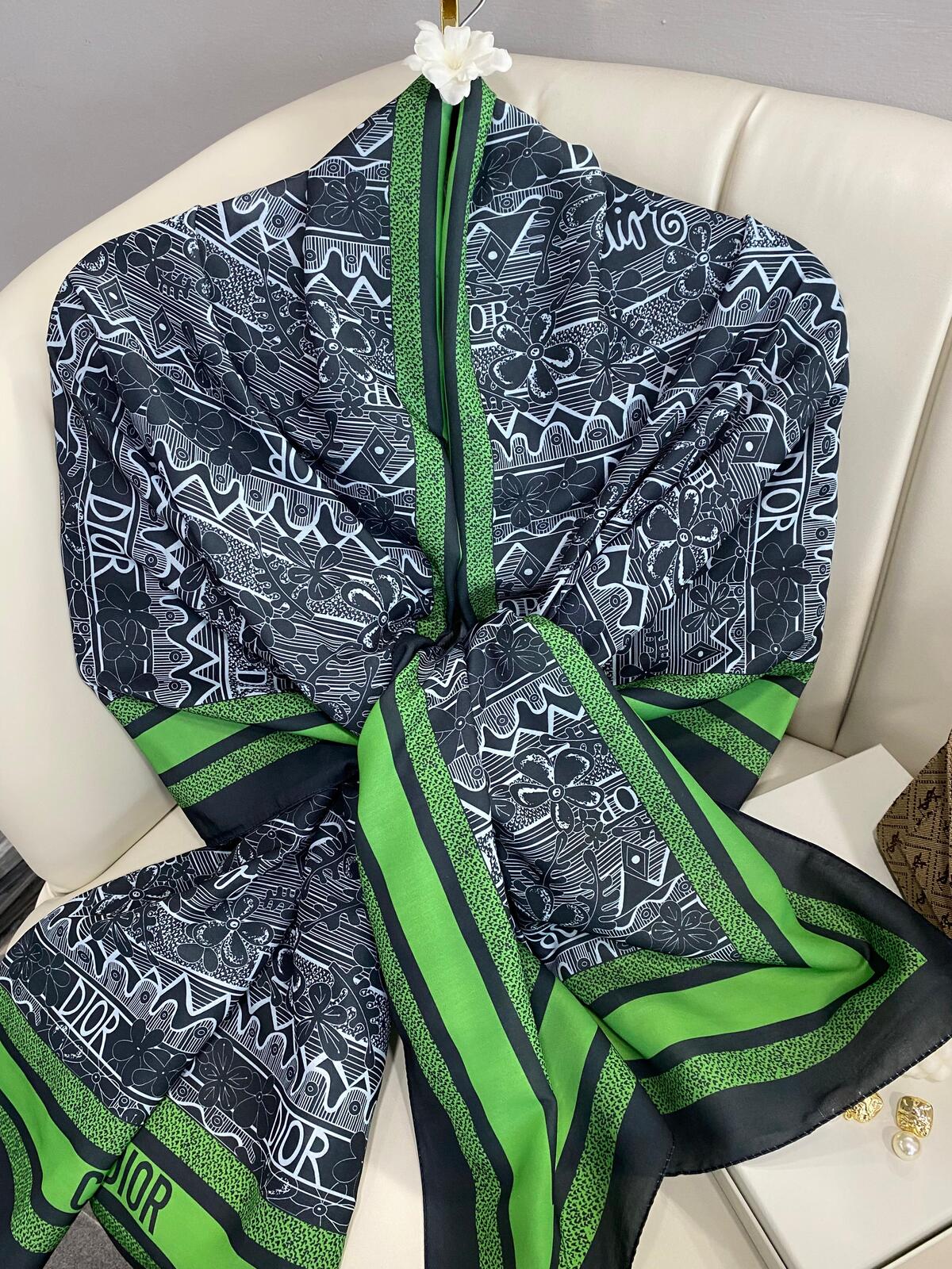 Dior Monogram Pamuk Soft Şal 86021 - LACİVERT-YEŞİL