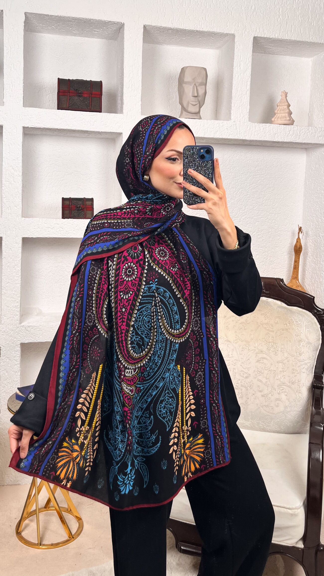 Touch İthal Etnik Desen Yün İpek Şal- Mürdüm-Siyah