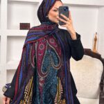 Touch İthal Etnik Desen Yün İpek Şal- Mürdüm-Siyah