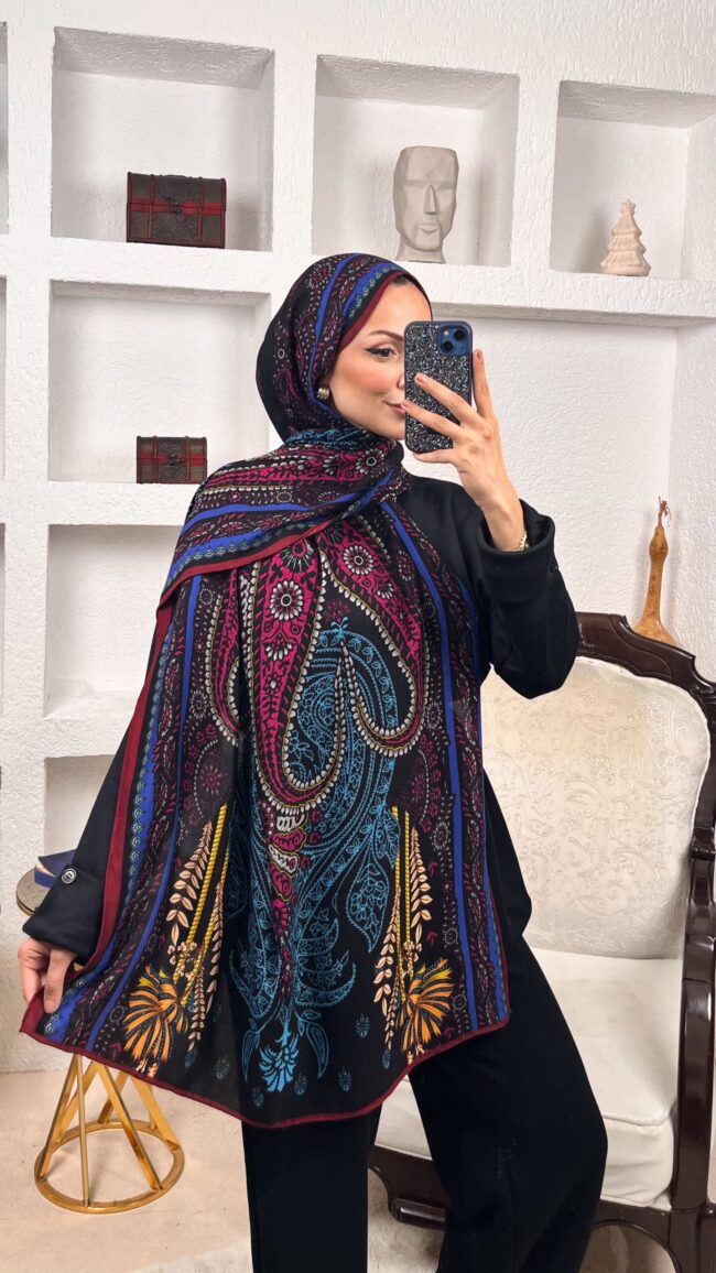 Touch İthal Etnik Desen Yün İpek Şal- Mürdüm-Siyah