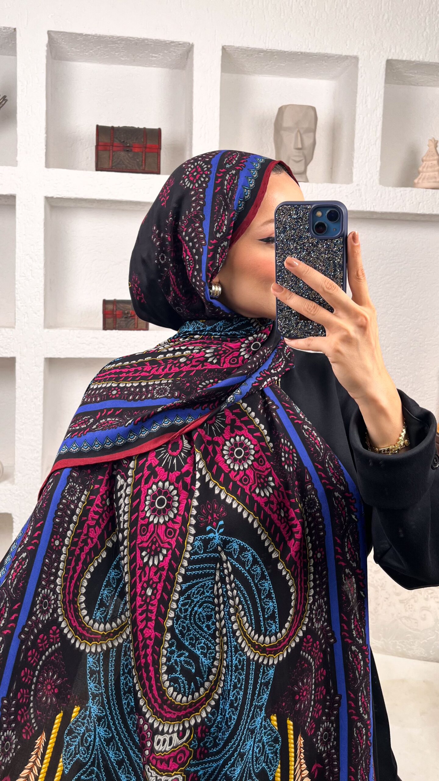 Touch İthal Etnik Desen Yün İpek Şal- Mürdüm-Siyah - Görsel 2