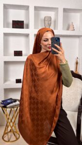 G Desen Pamuk İpeksi Jakar Şal 908204 - Kızıl Kahve