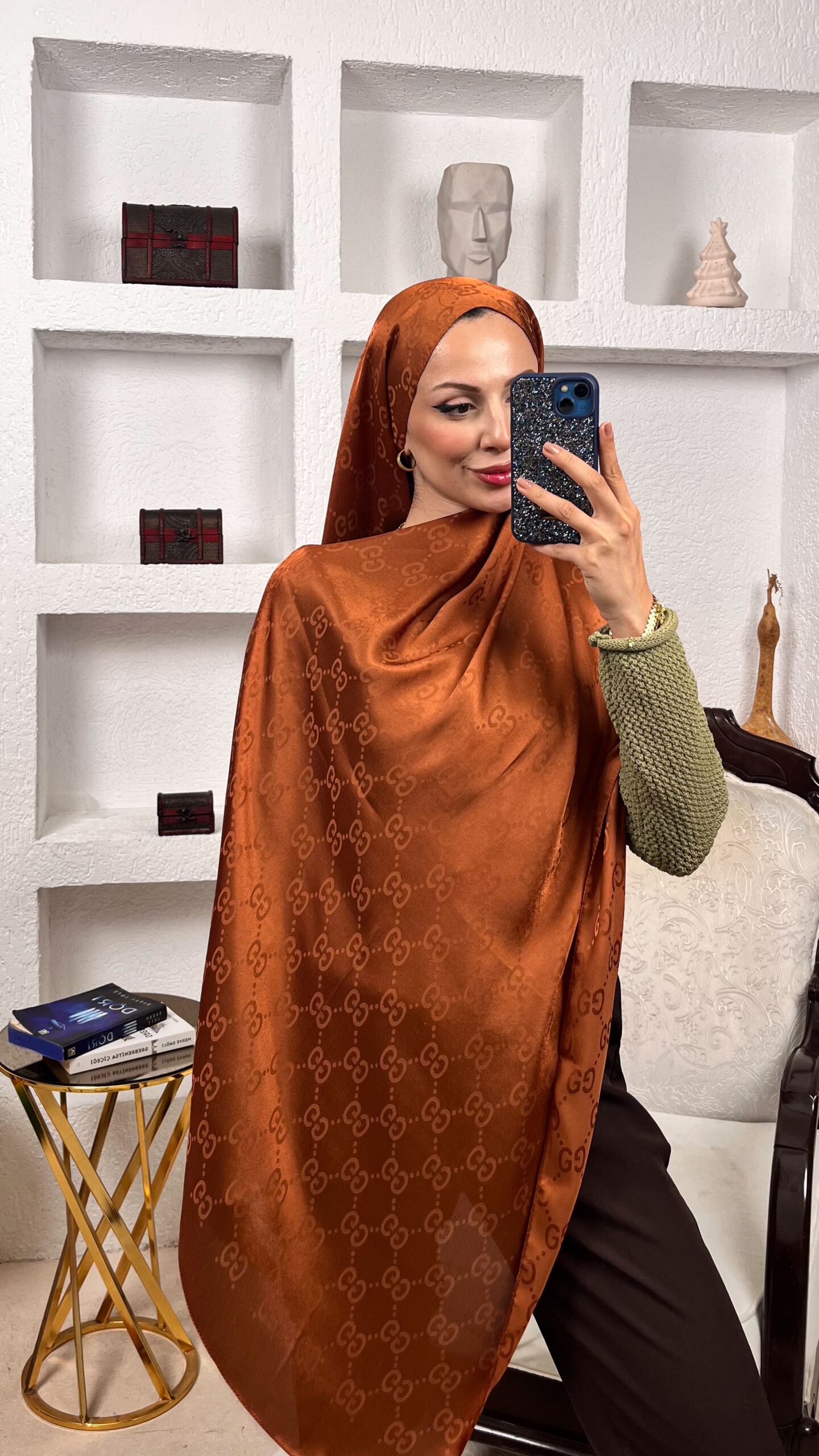 G Desen Pamuk İpeksi Jakar Şal 908204 - Kızıl Kahve