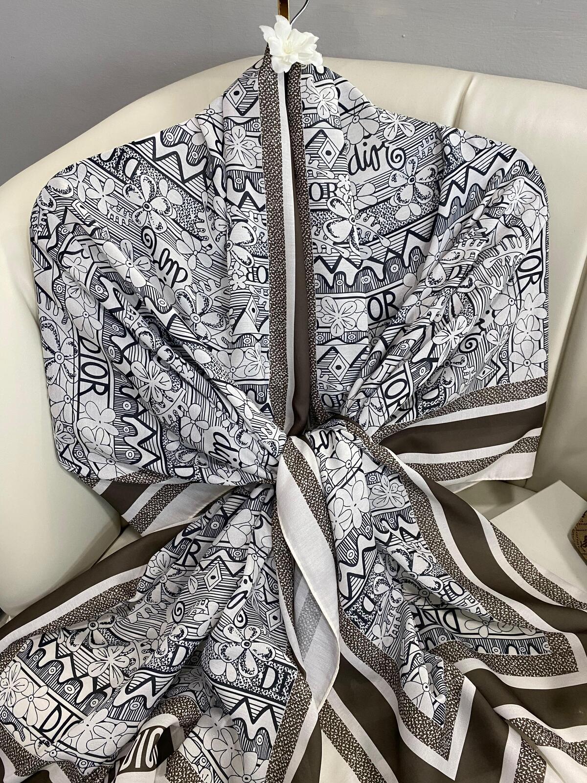 Dior Monogram Pamuk Soft Şal 86021 - Kahve-Beyaz