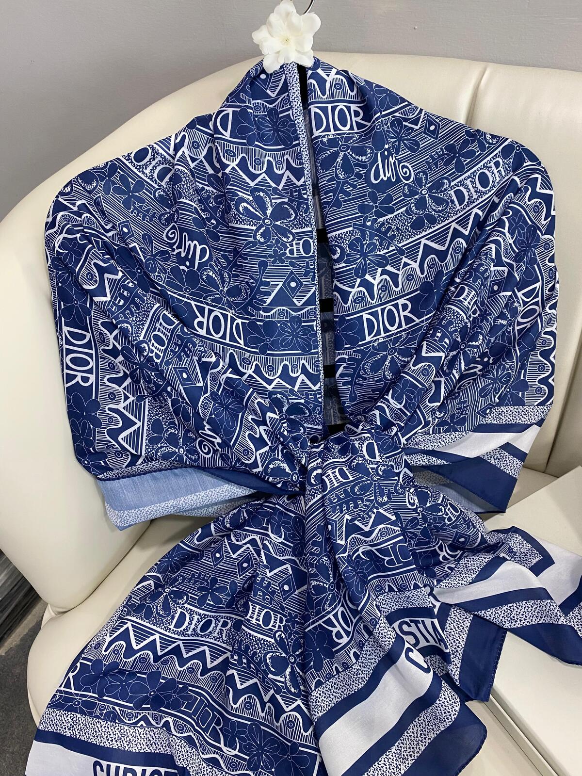 Dior Monogram Pamuk Soft Şal 86021 - MAVİ-BEYAZ