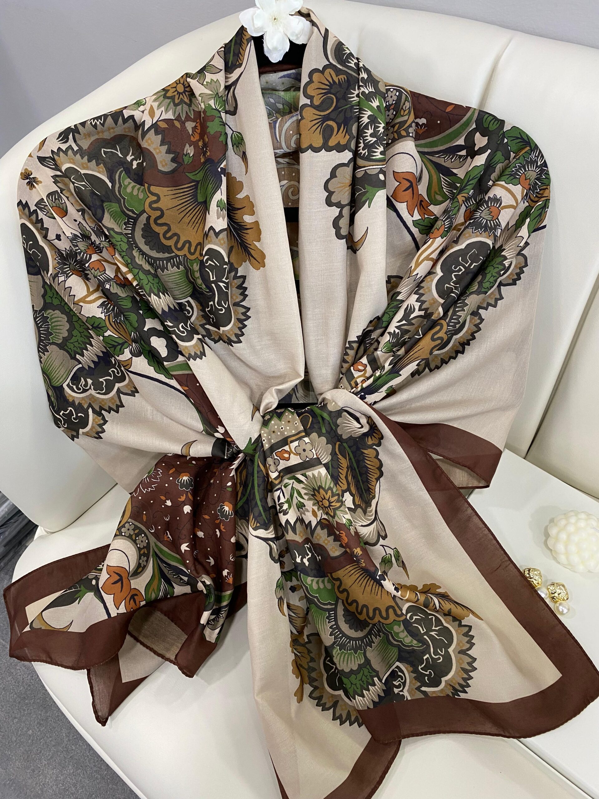 Etro Çiçek Desen Pamuk soft Şal - 433240 - Kahve - Latte