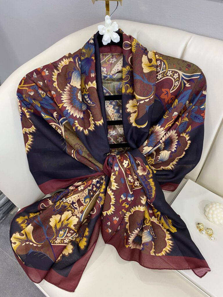 Etro Çiçek Desen Pamuk soft Şal - 433240 - Gece mavisi-Bordo