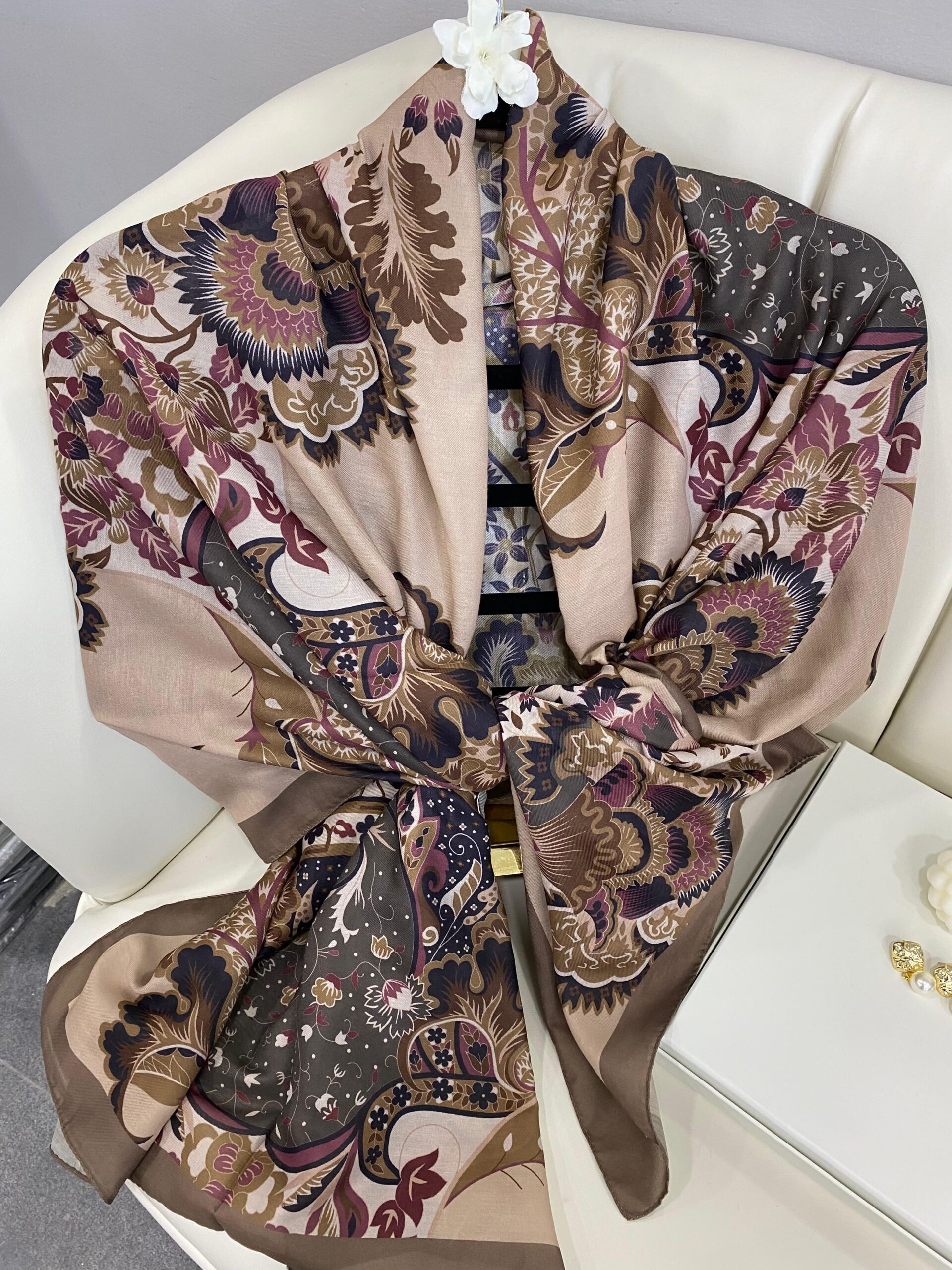 Etro Çiçek Desen Pamuk soft Şal - 433240 - Açık Kahve