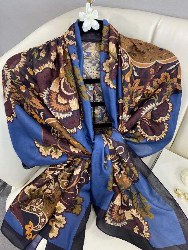 Etro Çiçek Desen Pamuk soft Şal - 433240 - Lacivert-mavi