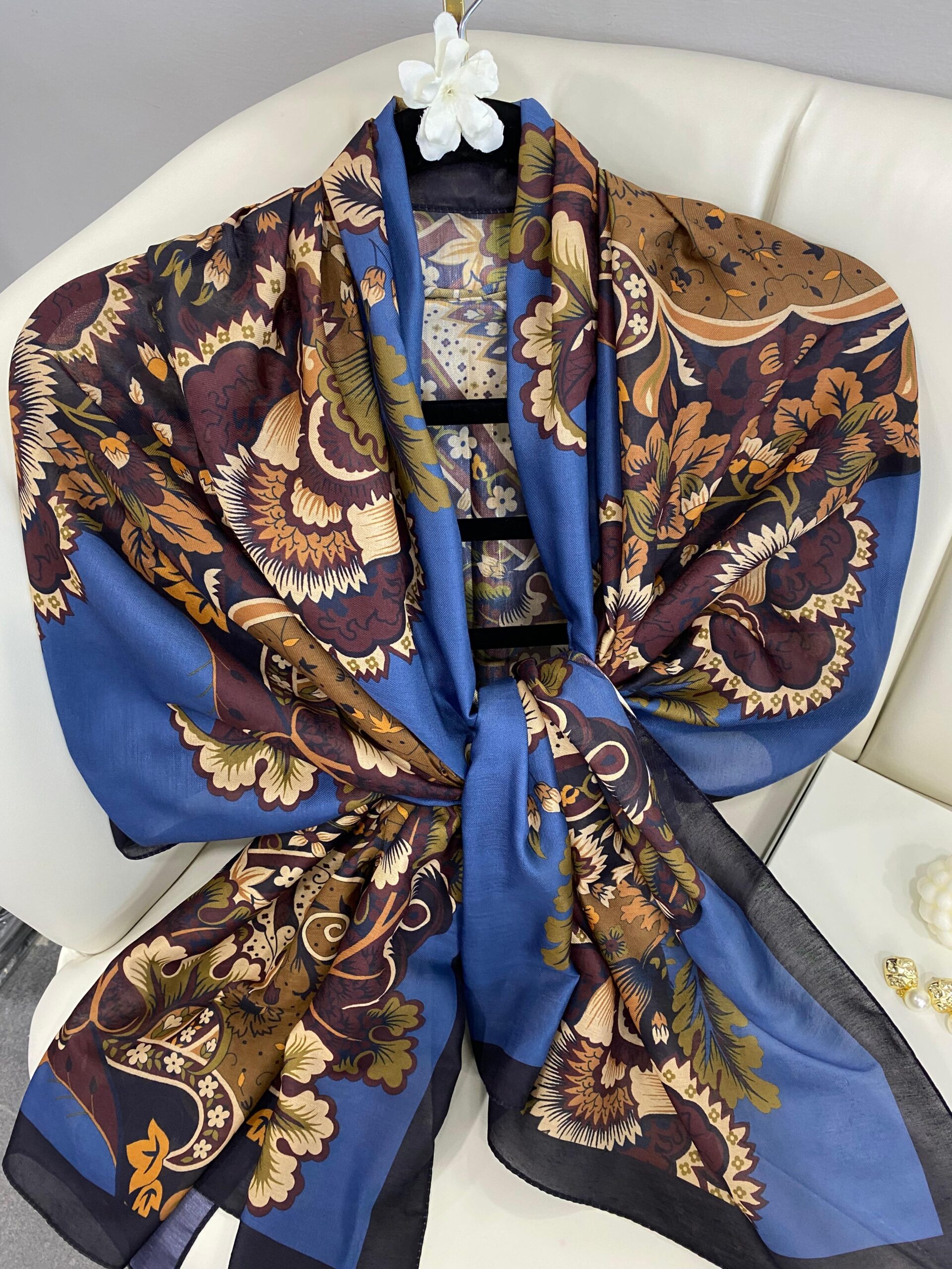 Etro Çiçek Desen Pamuk soft Şal - 433240 - Lacivert-mavi