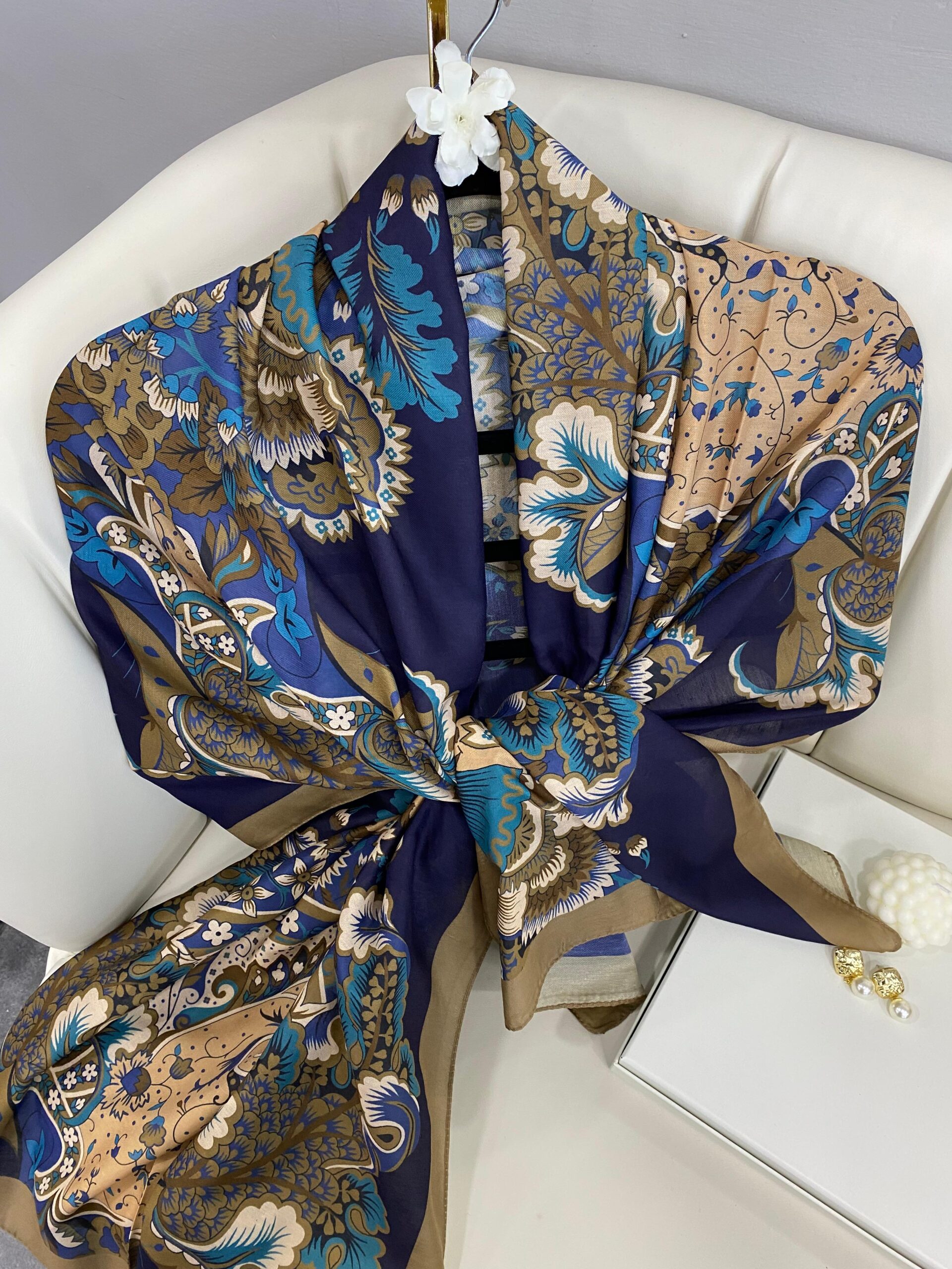 Etro Çiçek Desen Pamuk soft Şal - 433240 - Lacivert-Vizon