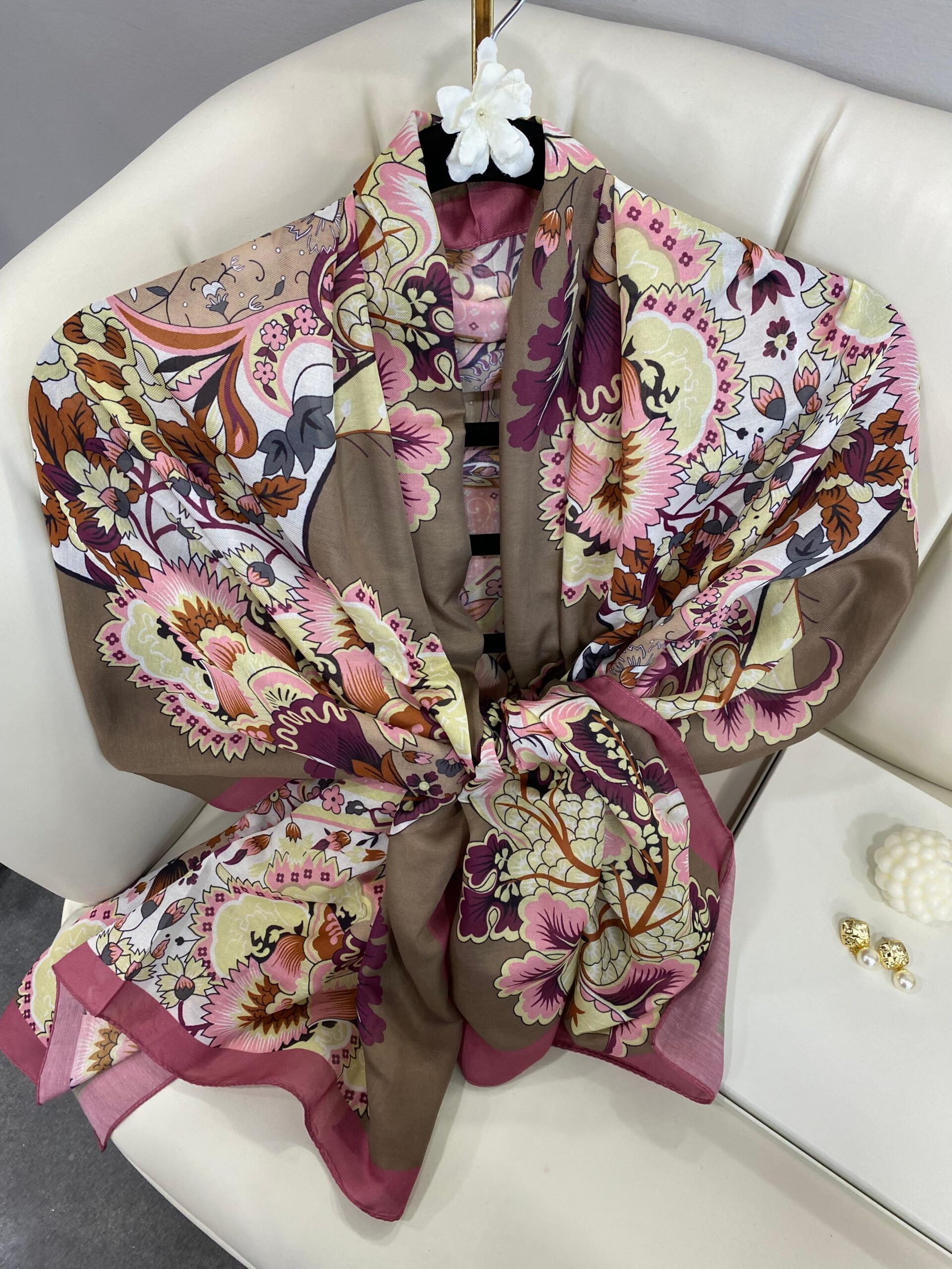 Etro Çiçek Desen Pamuk soft Şal - 433240 - Pudra