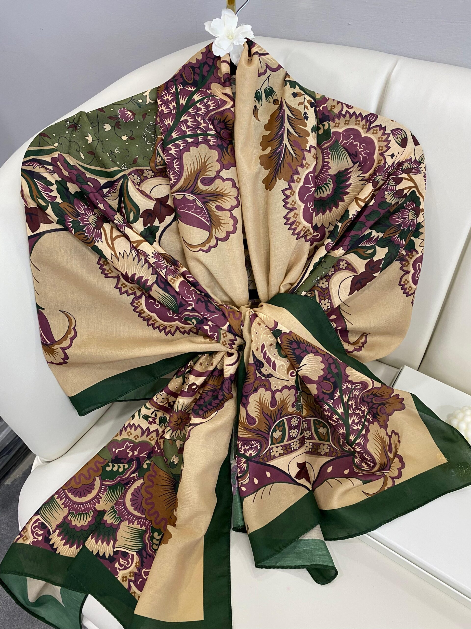 Etro Çiçek Desen Pamuk soft Şal - 433240 - Zümrüt-Camel