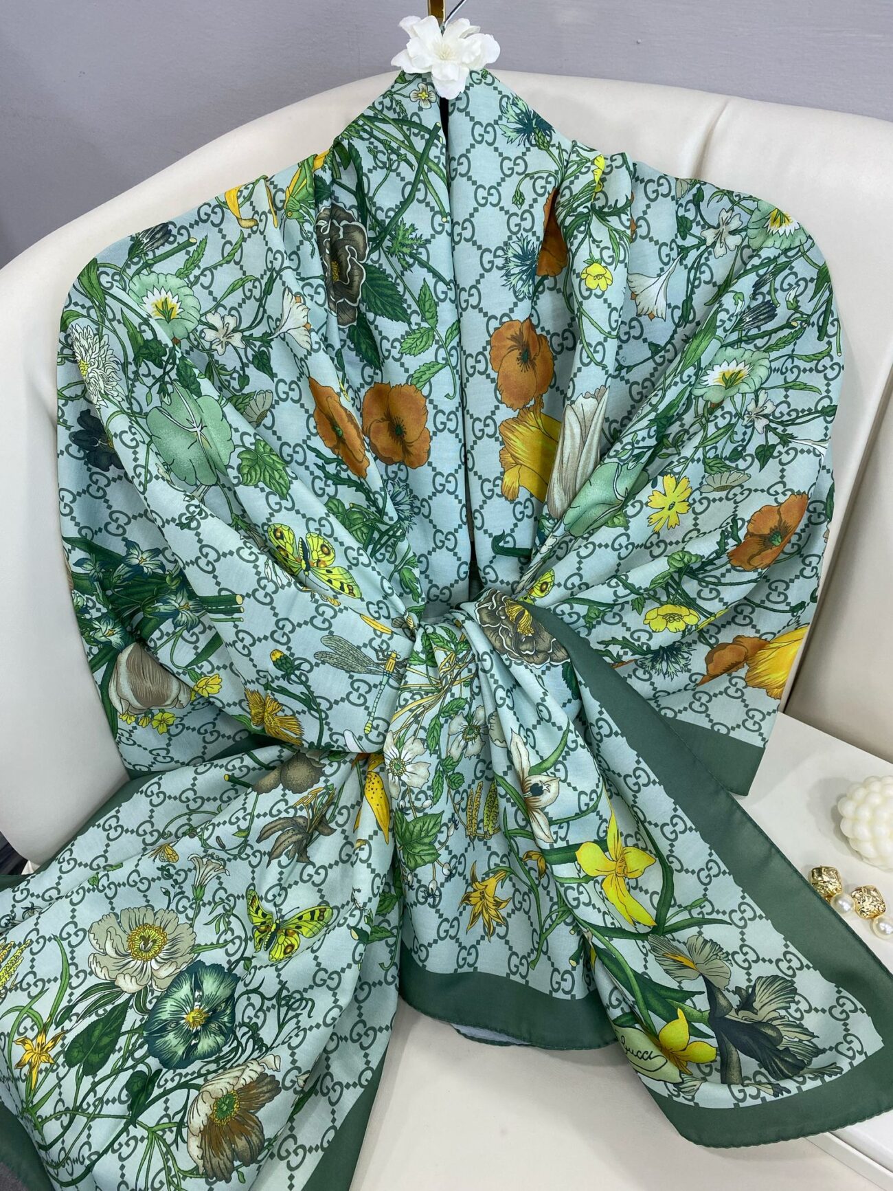 Gucci Çiçek Desen Pamuk Soft Şal 65355 - Mint