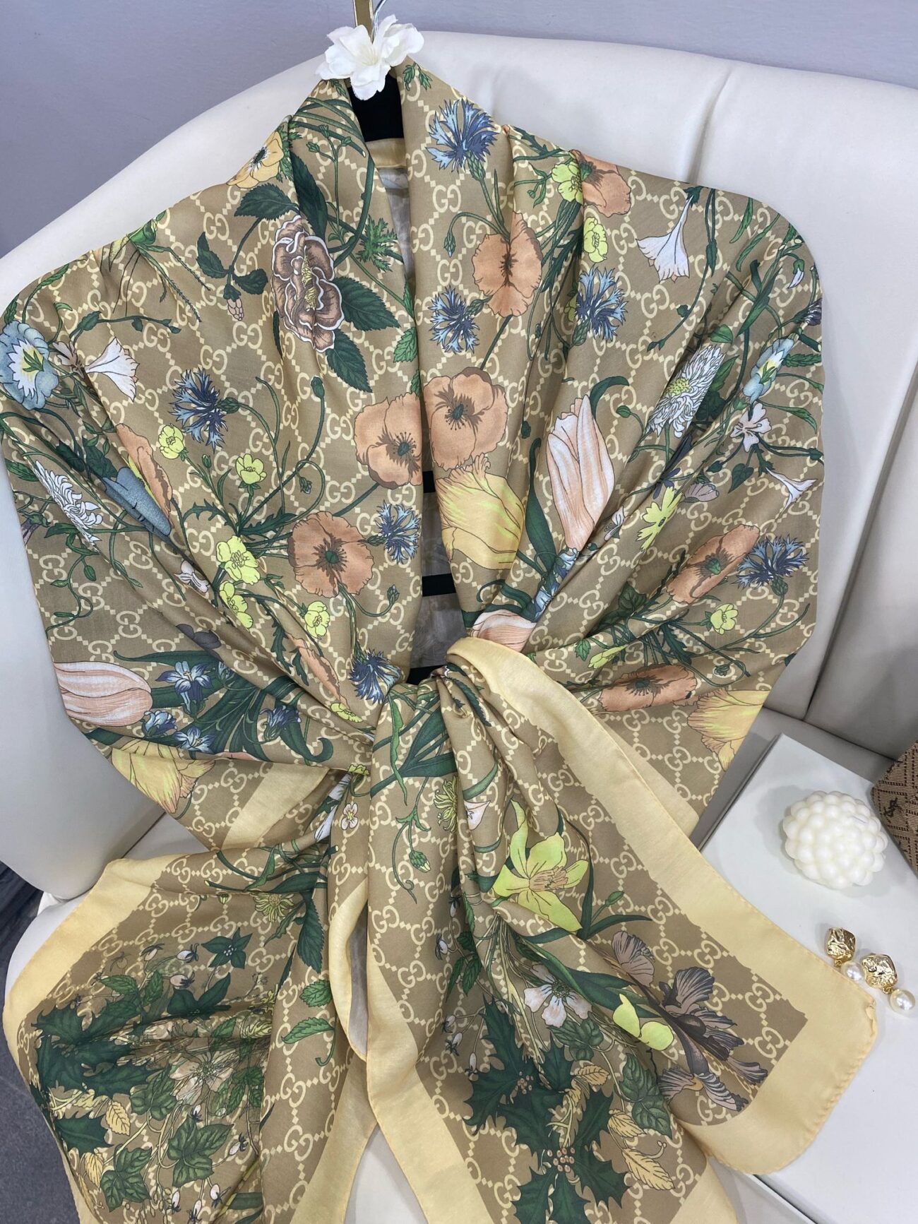 Gucci Çiçek Desen Pamuk Soft Şal 65355 - Sütlü Kahve