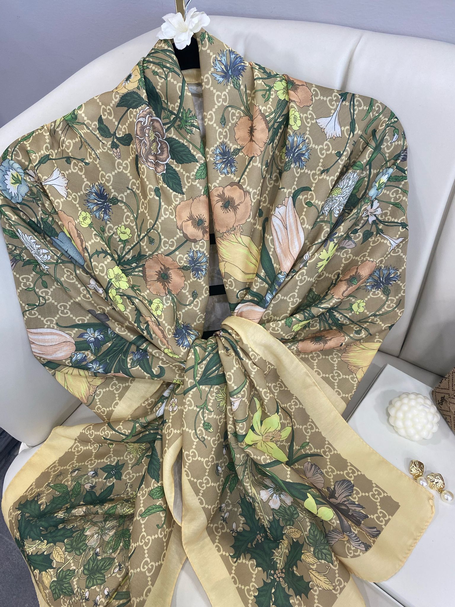 Gucci Çiçek Desen Pamuk Soft Şal 65355 - Sütlü Kahve