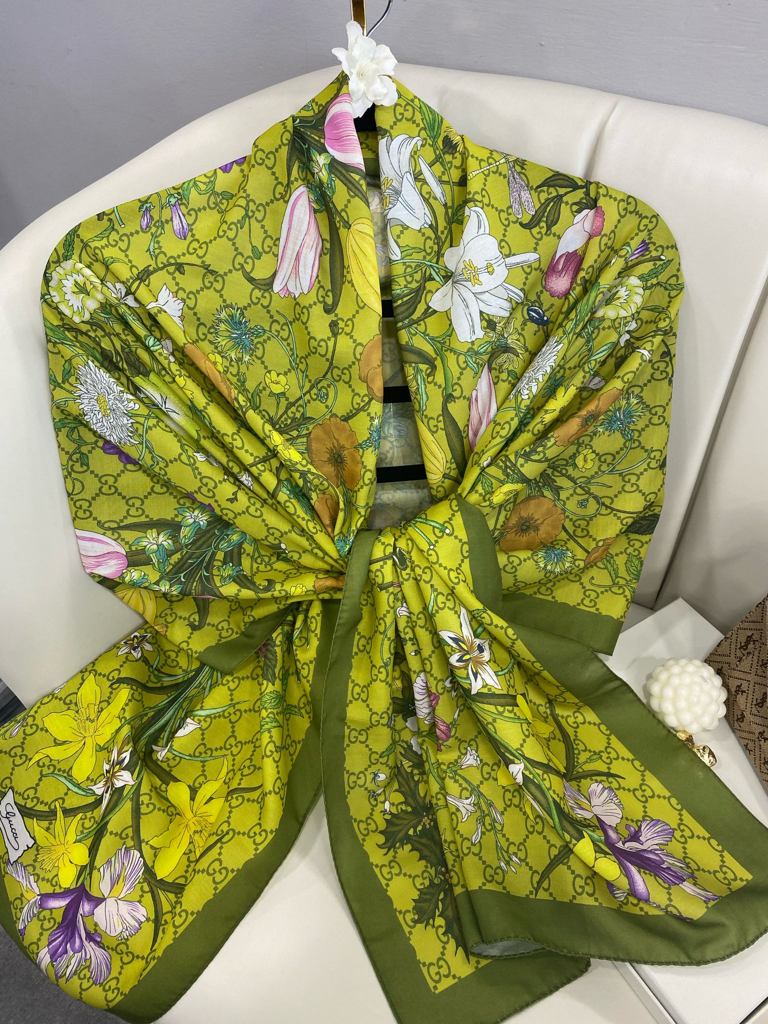 Gucci Çiçek Desen Pamuk Soft Şal 65355 - Fıstık Yeşili