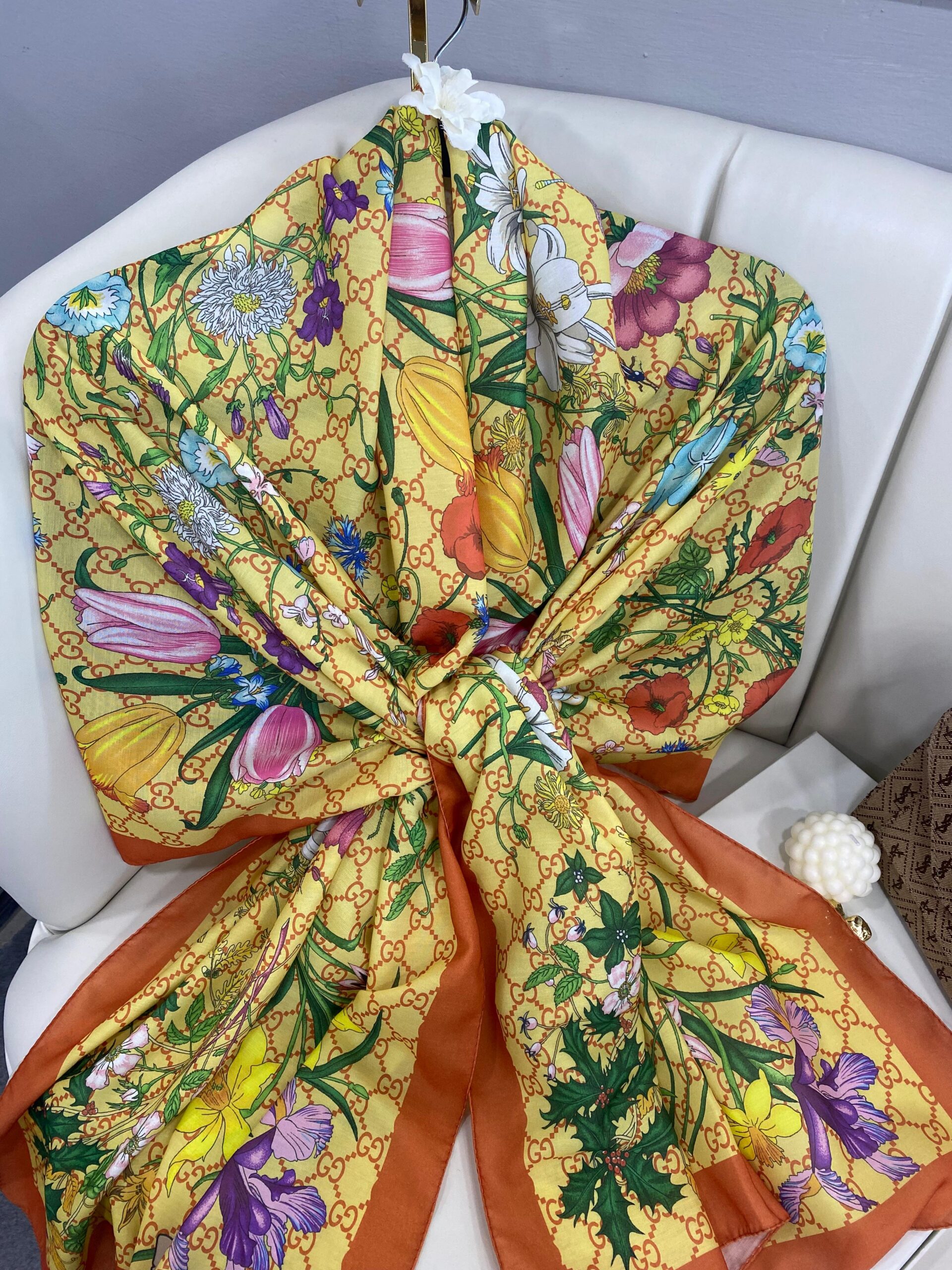 Gucci Çiçek Desen Pamuk Soft Şal 65355 - Sarı