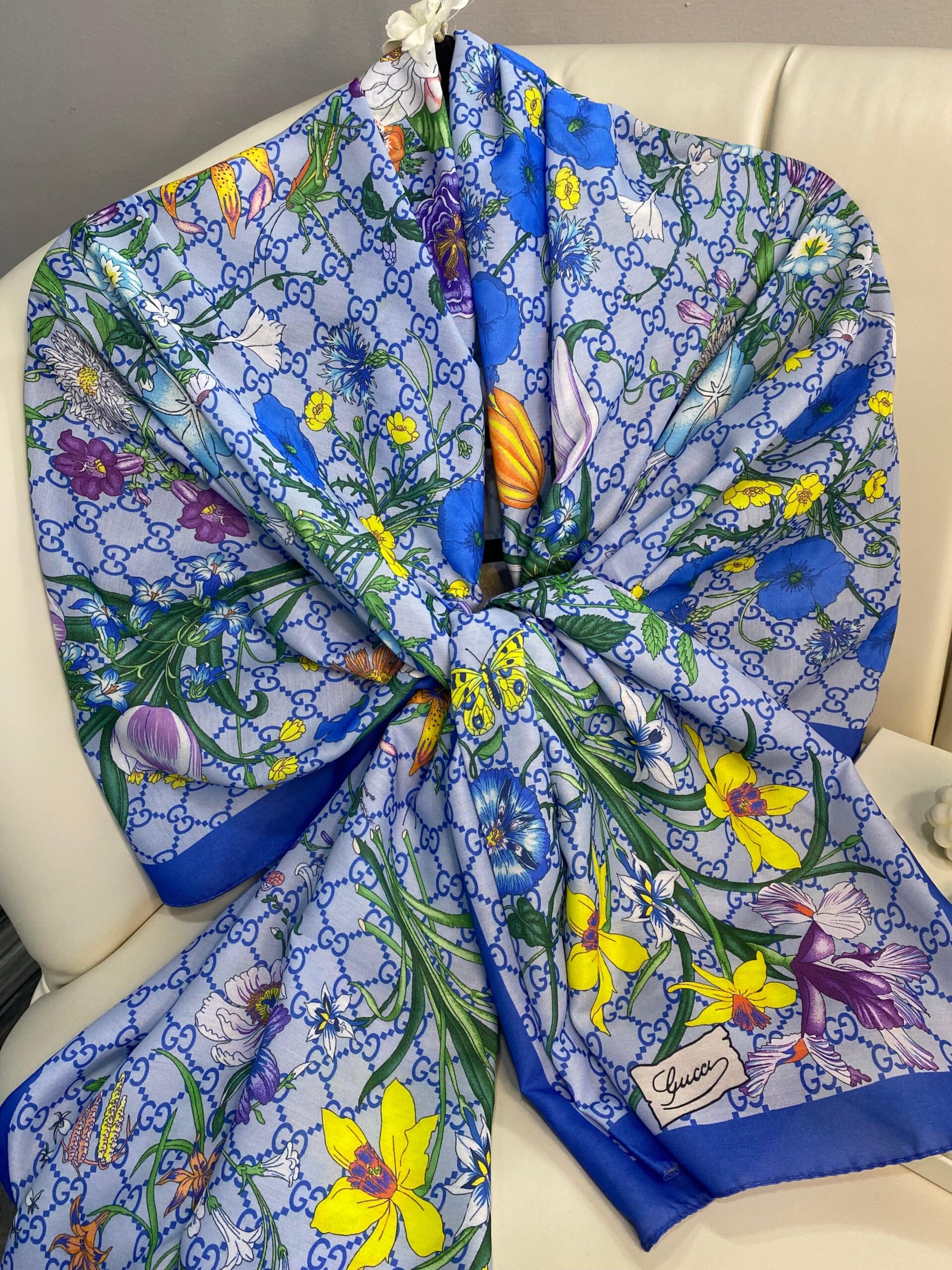 Gucci Çiçek Desen Pamuk Soft Şal 65355 - Bebe Mavisi