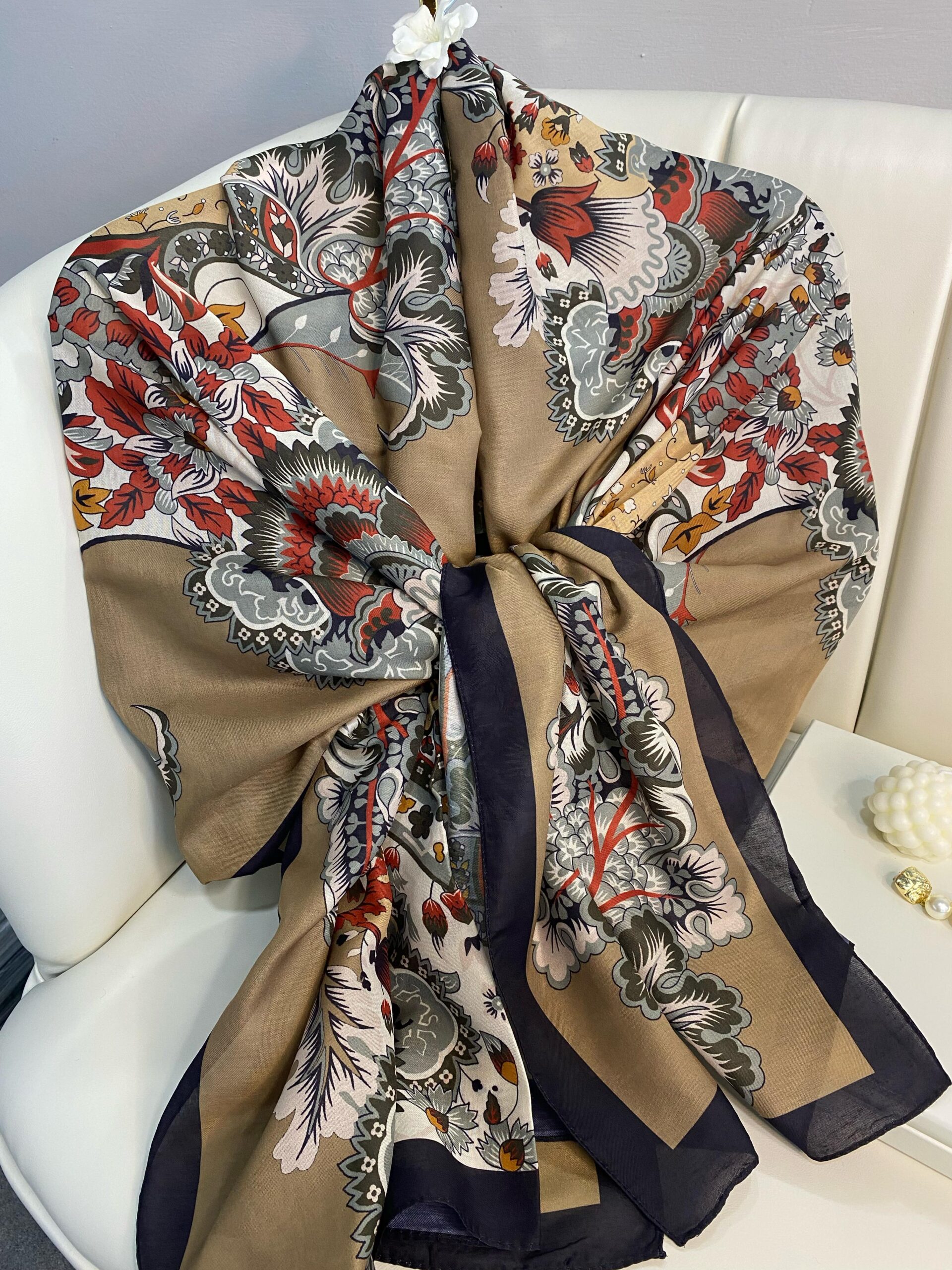 Etro Çiçek Desen Pamuk soft Şal - 433240 - Vizon-Lacivert