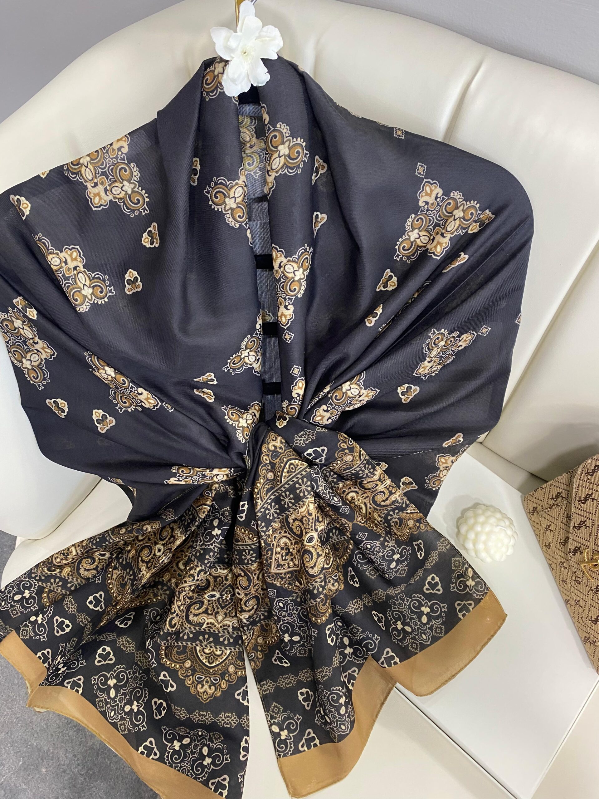 Kupa Desenli Pamuk İpek Şal - 797730 - Siyah-Vizon