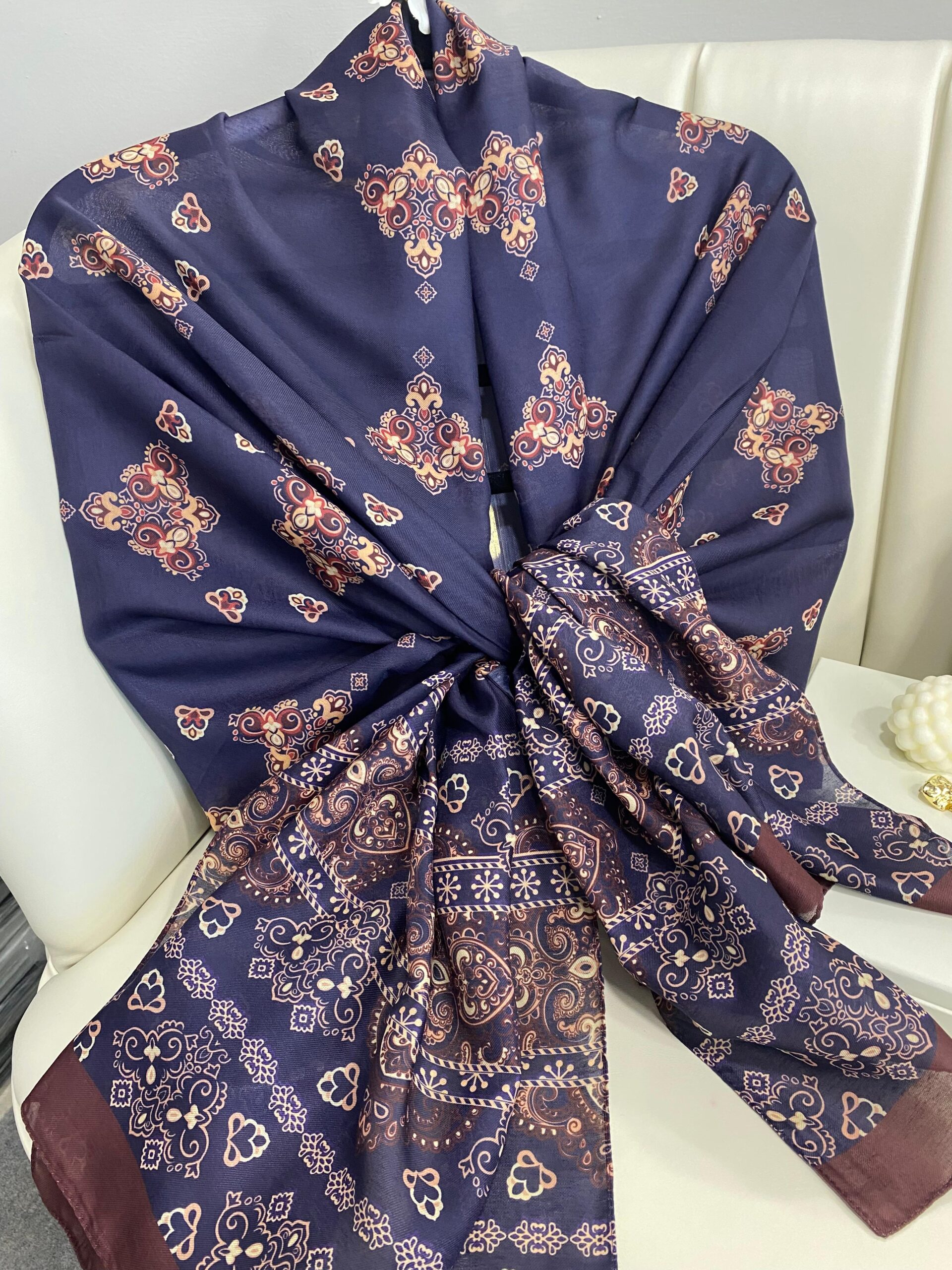 Kupa Desenli Pamuk İpek Şal - 797730 - Lacivert-Bordo