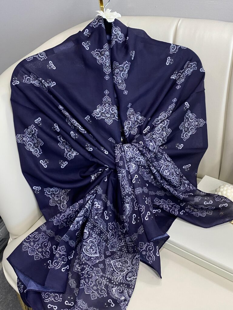 Kupa Desenli Pamuk İpek Şal - 797730 - Lacivert