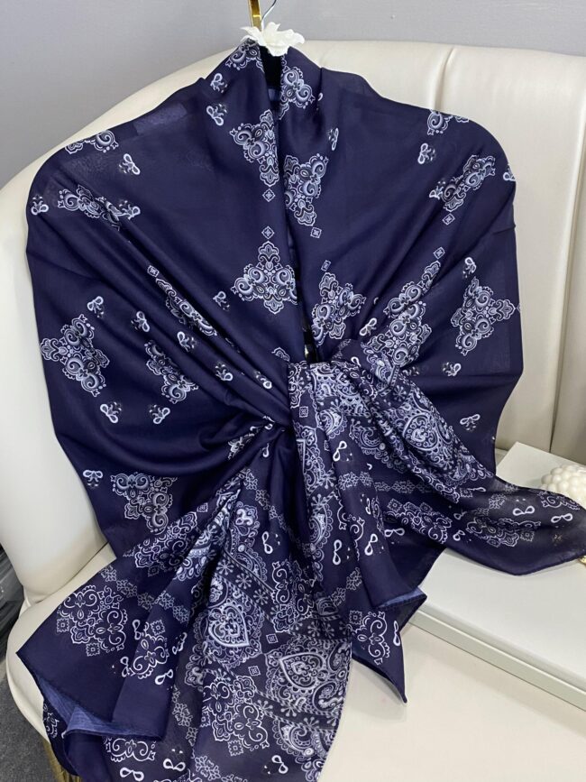 Kupa Desenli Pamuk İpek Şal - 797730 - Lacivert