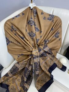 Kupa Desenli Pamuk İpek Şal - 797730 - Lacivert-Camel