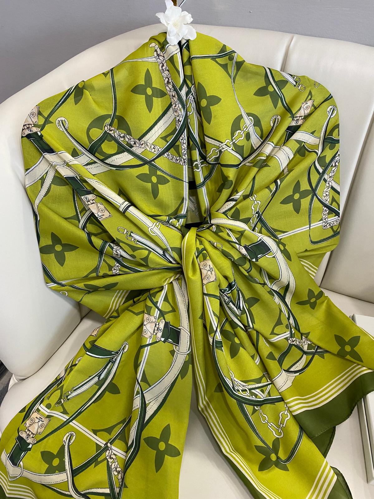 Lv Kemer Desen Pamuk Soft Şal 31230 - Yağ Yeşili - Görsel 5