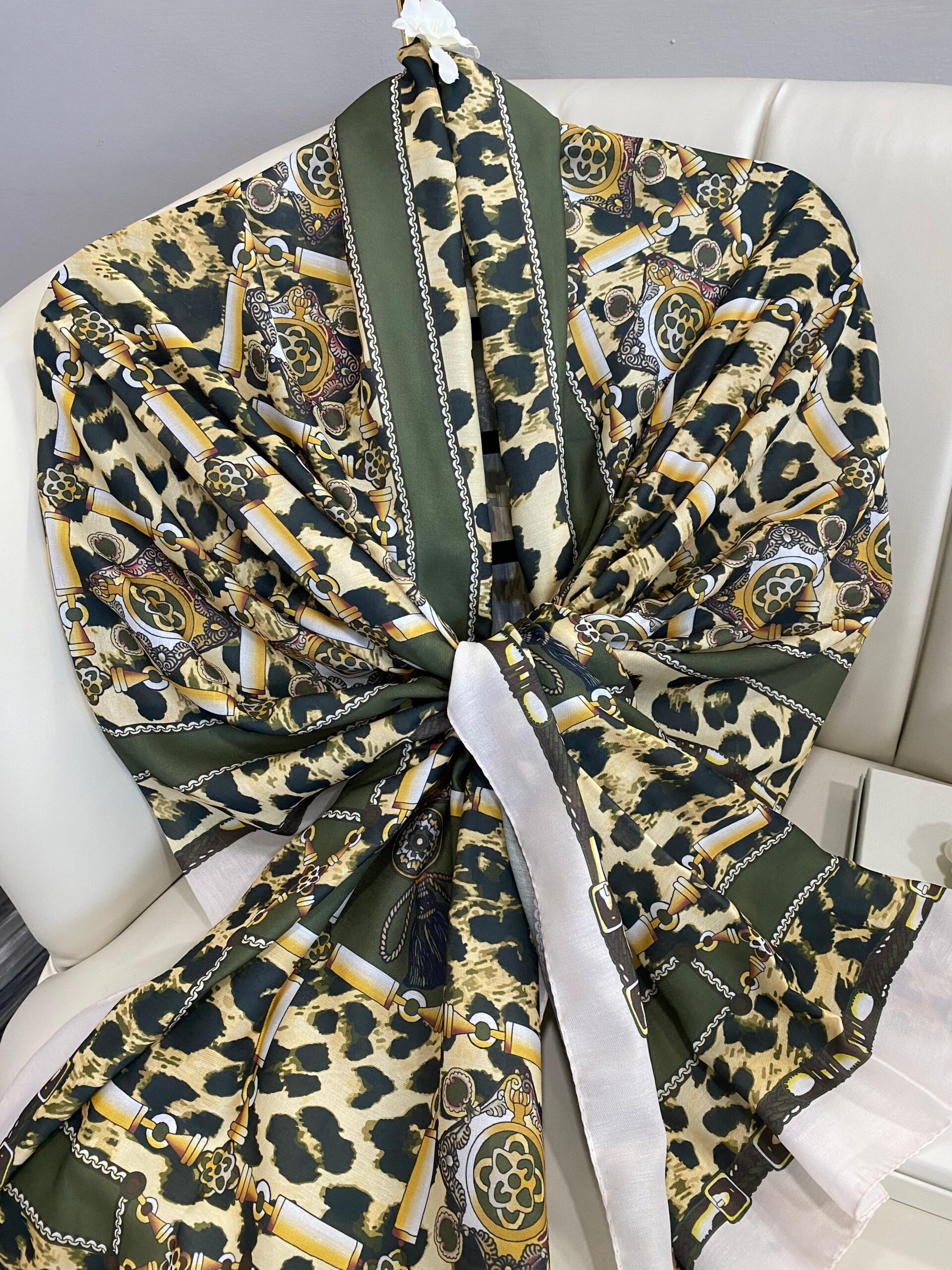 Hermes Leopar Pamuk Soft Şal 65329 - Haki