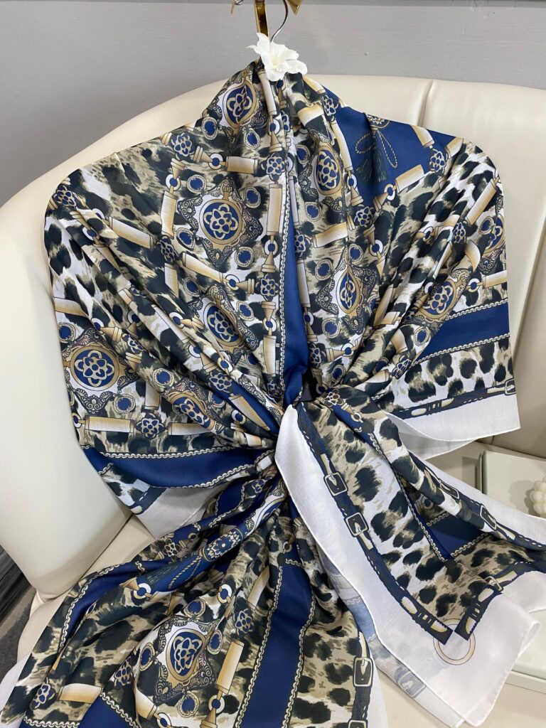 Hermes Leopar Pamuk Soft Şal 65329 - Lacivert