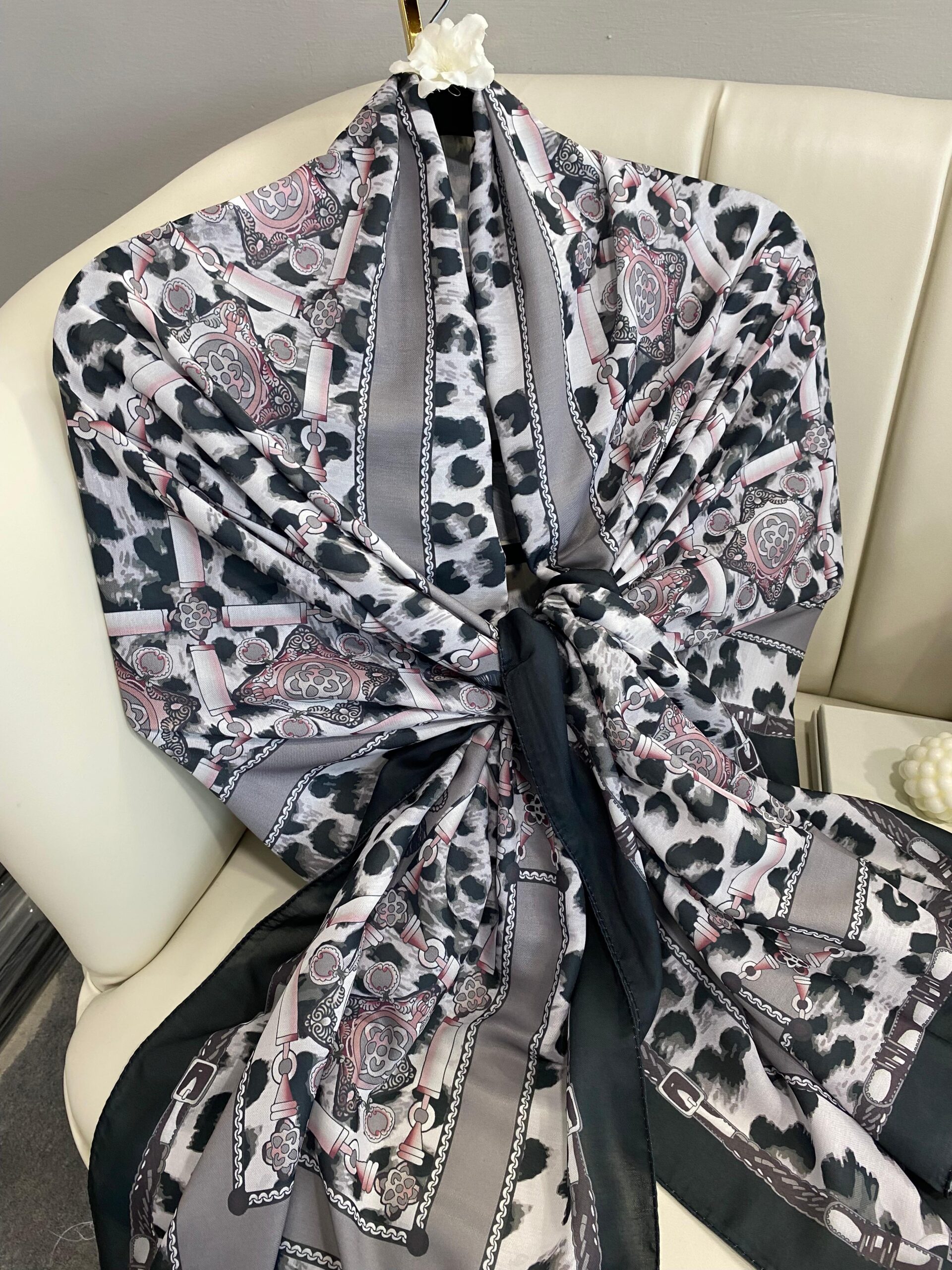 Hermes Leopar Pamuk Soft Şal 65329 - Siyah-Gri