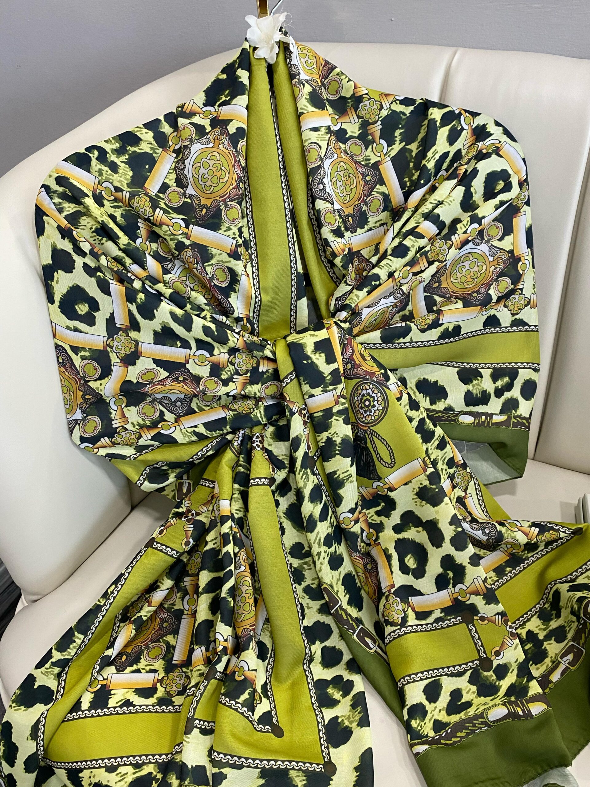 Hermes Leopar Pamuk Soft Şal 65329 - Yağ Yeşili