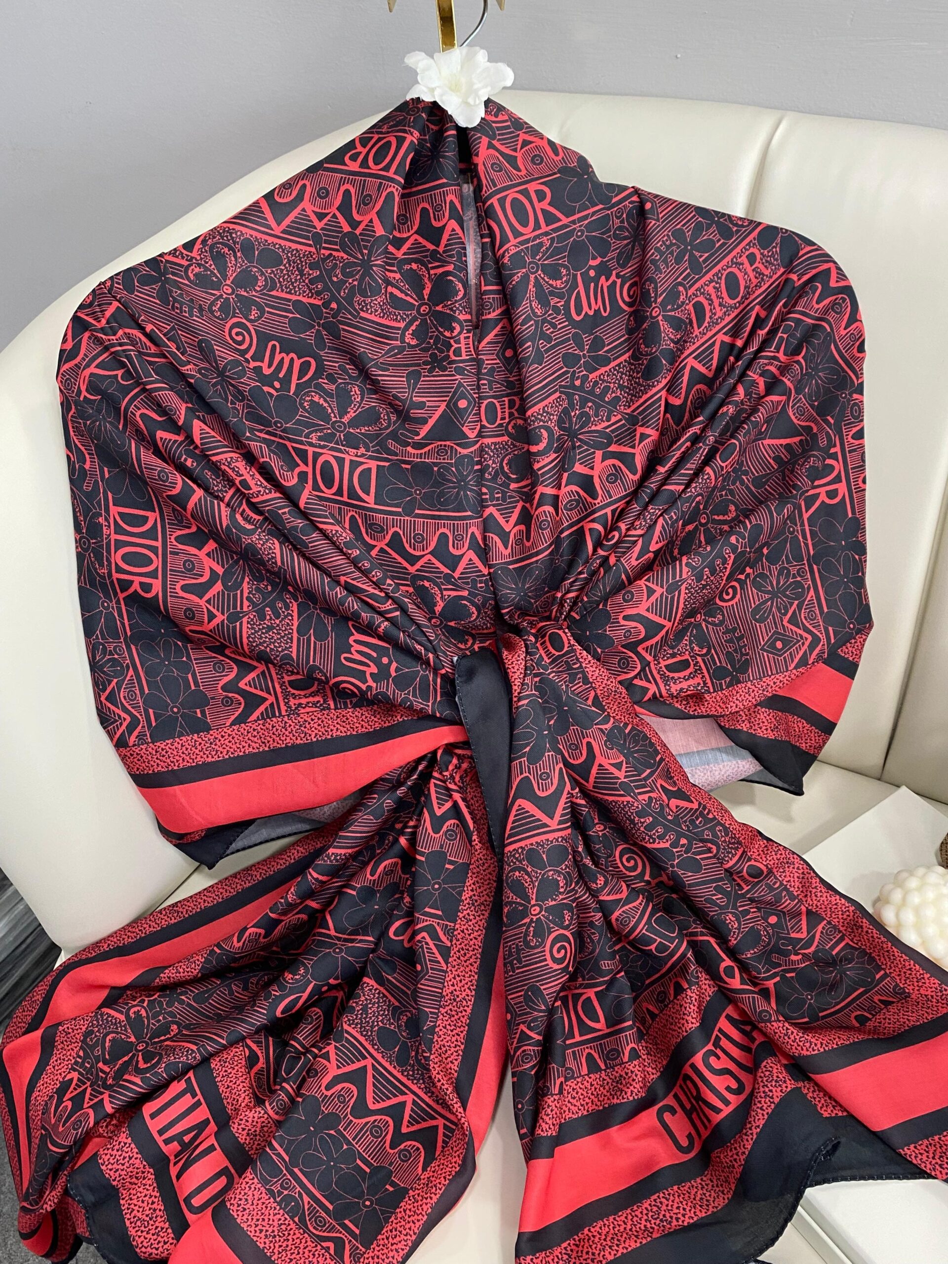 Dior Monogram Pamuk Soft Şal 86021 - Kırmızı Siyah